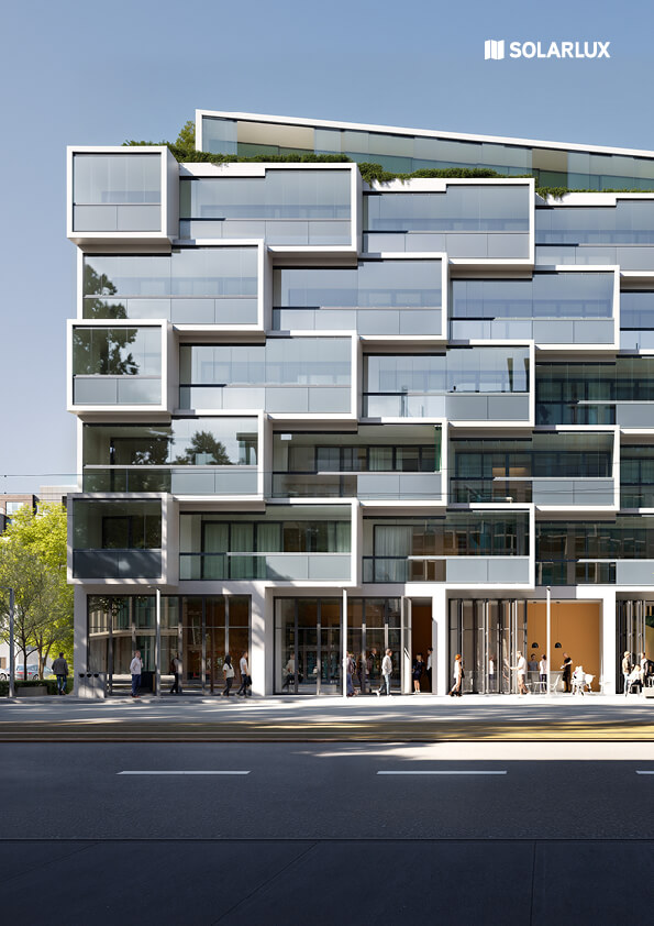 Moderne Architektur mit versetzt angeordneten Glasbalkonen an einem mehrstöckigen Gebäude – innovative Fassadengestaltung mit Solarlux Balkonverglasung.